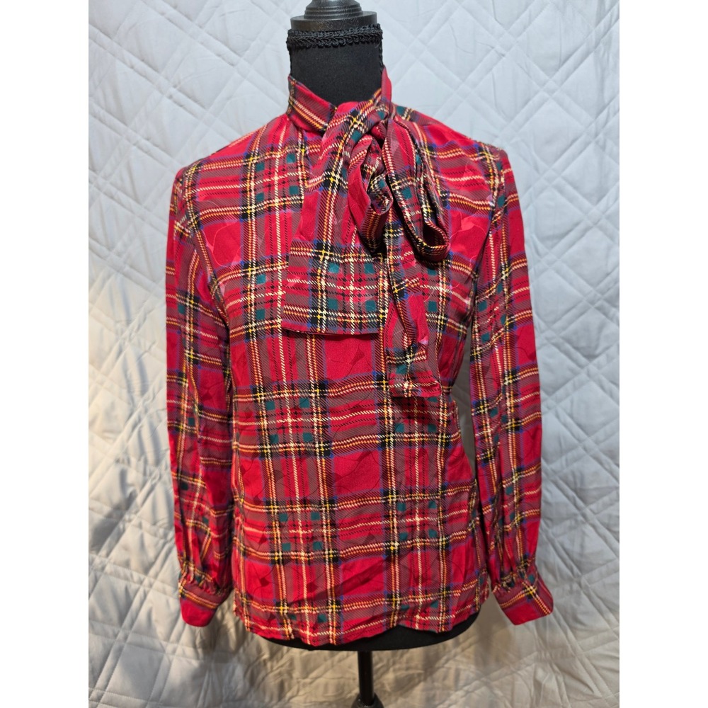 Jack Mulqueen Chemise Vintage 100% Silk Red Plaid Neck Bow Blouse Size 4
